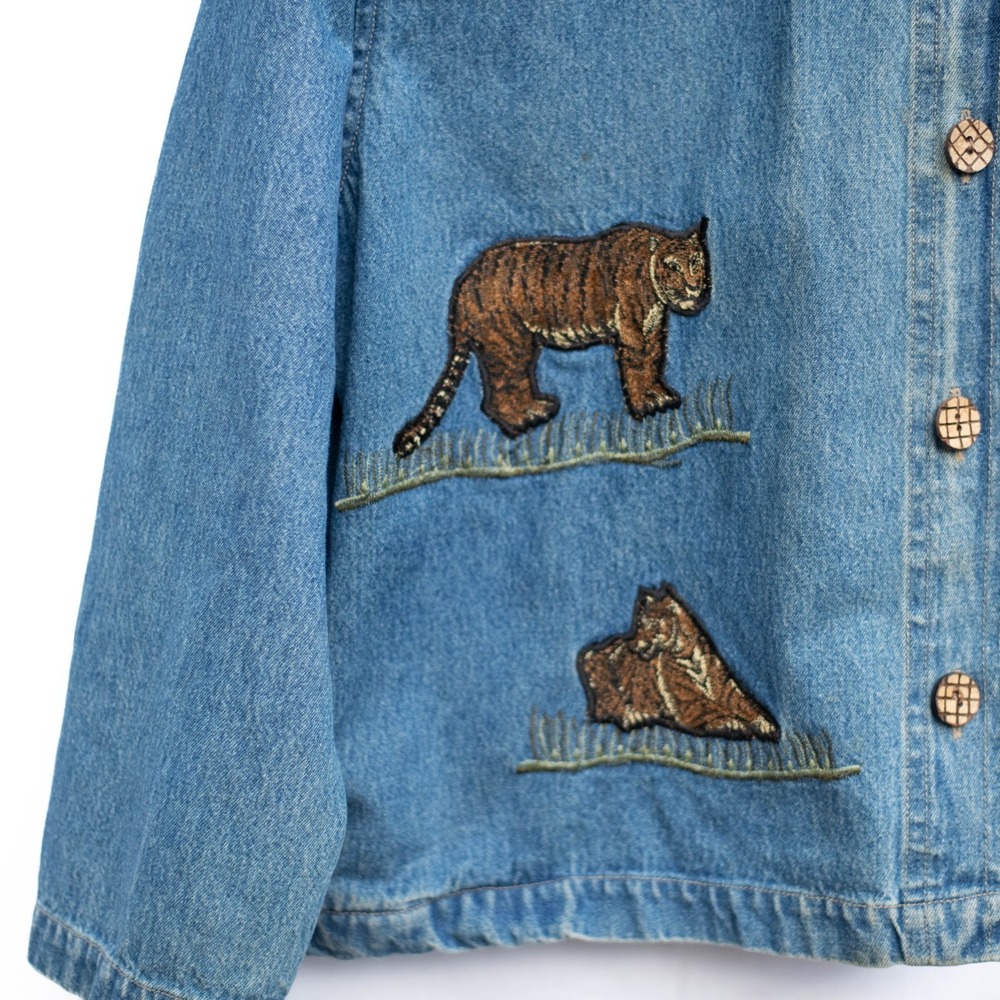 Vtg Tantrums Denim Jacket Womens XL Tiger Embroidered Velvet Collar Safari India - Picture 6 of 12